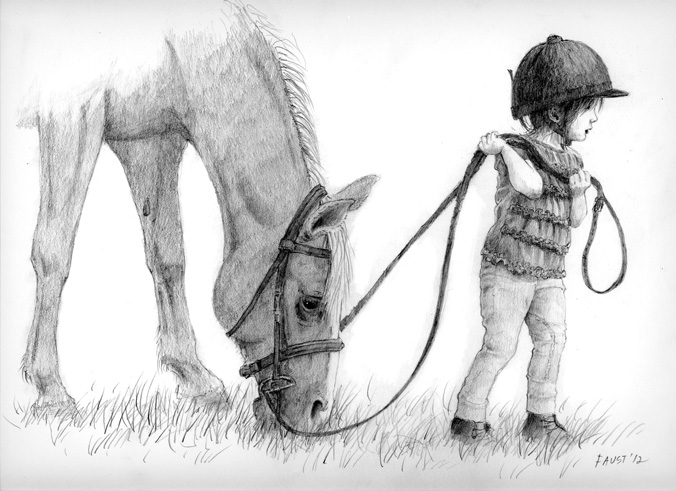 little girl with her horse- pencil portrait